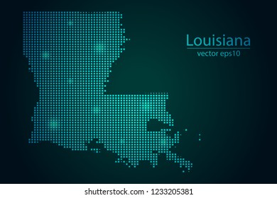 Abstract Image Louisiana Map From Pixel Emerald Green and Glowing Stars on a Dark Background. Vector illustration Eps 10.