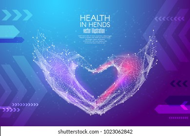 Abstract image Love shape hands in the form of a starry sky or space, consisting of points, lines, and shapes in the form of planets, stars and the universe. Vector wireframe concept. Blue purple