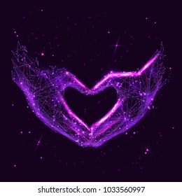 Abstract image of a Love shape hands in the form of a starry sky or space, consisting of points, lines, and shapes in the form of planets, stars and the universe. Vector Hand making sign Heart