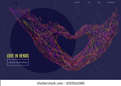 Abstract image of a Love shape hands in the form of a starry sky or space, consisting of points, lines, and shapes in the form of planets, stars and the universe. Vector Hand making sign Heart gesture