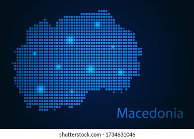 Abstract image Macedonia map from pixels blue and glowing stars on a dark background. Vector illustration eps 10.