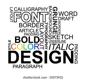 Abstract image made from words which relate with design and typography