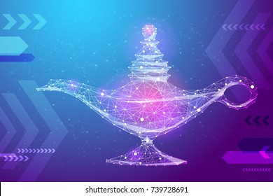 Abstract image magic lamp in the form of a starry sky or space, consisting of points, lines, and shapes in the form of planets, stars and the universe. Vector wireframe concept. Blue purple