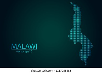Abstract Image Malawi Map Pixel look Emerald Green and Glowing Stars on a Dark Background. Vector illustration Eps 10.