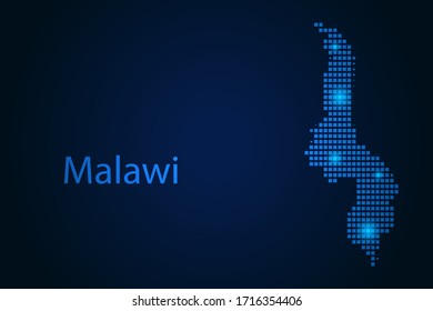 Abstract image Malawi map from pixels blue and glowing stars on a dark background. Vector illustration eps 10.