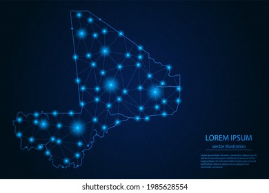 Abstract image Mali map - With Blue Glow Dots And Lines On Dark Gradient Background, 3D Mesh Polygon Network Connection, Vector Illustration Eps 10.