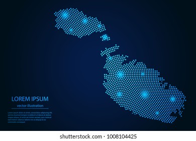 Abstract image Malta map from point blue and glowing stars on a dark background. vector illustration.