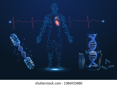 An abstract image of man and heart. Innovative technologies in medicine. Heart beats, pulse, healthy heart. DNA