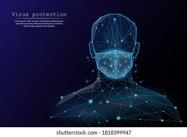 Abstract image the man in the medical mask in the form of a starry sky or space, consisting of points, lines, and shapes in the form stars and the universe. 3D Low poly vector. Virus protection