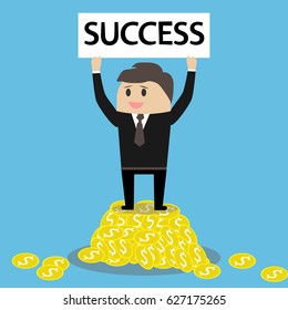 Abstract image of a man on a pile of money with a sign in hand
