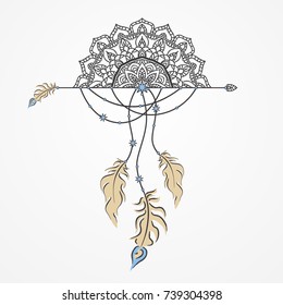 an abstract image of mandala and arrows with feathers and beads. vector.