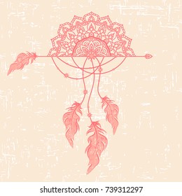 an abstract image of mandala and arrows with feathers and beads. vector.
