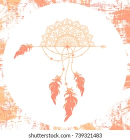 an abstract image of mandala and arrows with feathers and beads. vector.