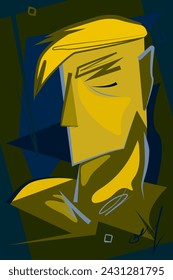 Abstract image of a man's face in yellow and dark blue colours. Poster with an abstract portrait of a guy