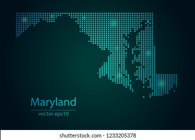 Abstract Image Maryland Map From Pixel Emerald Green and Glowing Stars on a Dark Background. Vector illustration Eps 10.