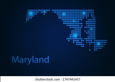 Abstract image Maryland map from pixels blue and glowing stars on a dark background. Vector illustration eps 10.