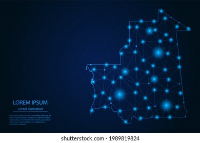 Abstract image Mauritania map - With Blue Glow Dots And Lines On Dark Gradient Background, 3D Mesh Polygon Network Connection, Vector Illustration Eps 10.
