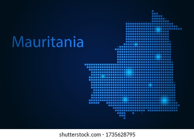Abstract image Mauritania map from pixels blue and glowing stars on a dark background. Vector illustration eps 10.