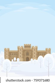 Abstract image of a medieval English castle. Beautiful winter landscape. Vector background.