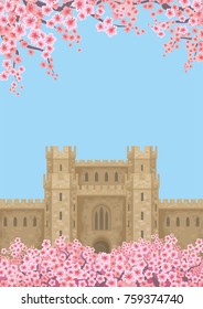 Abstract image of a medieval English castle. Beautiful spring landscape. Vector background.