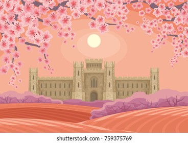 Abstract image of a medieval English castle. Beautiful spring landscape. Vector background.