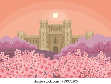 Abstract image of a medieval English castle. Beautiful spring landscape. Vector background.