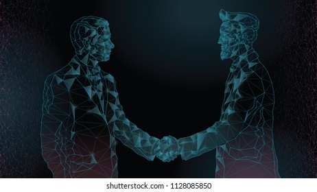 Abstract image of a meeting between two businessmen, a handshake, a contract, an agreement. Polygons from lines, points and shapes. A dark background. Blue lines.