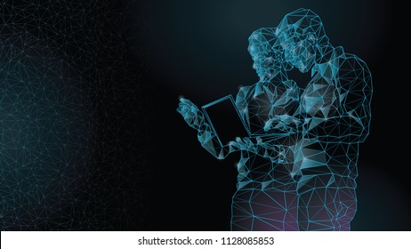 Abstract Image Of A Meeting Of A Woman And A Man By A Businessman, Teamwork, High Technology, Working On A Laptop. Polygons From Lines, Points And Shapes. A Dark Background. Blue Lines.