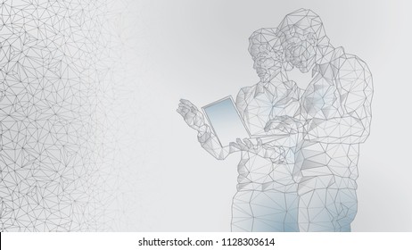 Abstract image of a meeting of a woman and a man by a businessman, teamwork, high technology, working on a laptop. Polygons from lines, dots and shapes. Light background. Gray lines.