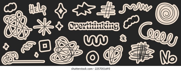 Abstract image of mental problems sticker set. Depressed mental state, brain overthinking everything. Vector illustration with psychedelic elements. Retro style color.