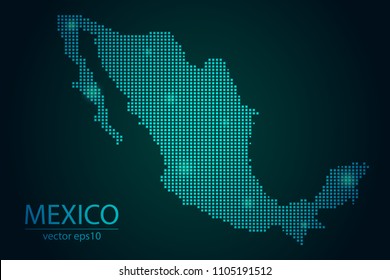 Abstract Image Mexico Map From Pixel Emerald Green and Glowing Stars on a Dark Background. Vector illustration Eps 10.