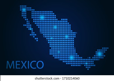 Abstract image Mexico map from pixels blue and glowing stars on a dark background. Vector illustration eps 10.