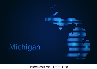 Abstraktes Bild Michigan Karte aus Pixeln blauen und leuchtenden Sternen auf dunklem Hintergrund. Vektorgrafik eps10.