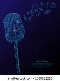 Abstract image of a microphone and music notes in the form of a starry sky or space, consisting of points, lines, and shapes in the form of planets, stars and the universe.