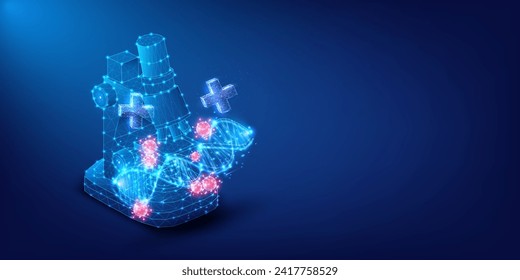 Imagen abstracta de un microscopio con hilos de ADN brillantes y signos de atención médica que simbolizan la tecnología médica avanzada. Concepto futurista digital de microscopio con ADN brillante y símbolos médicos cruzados.