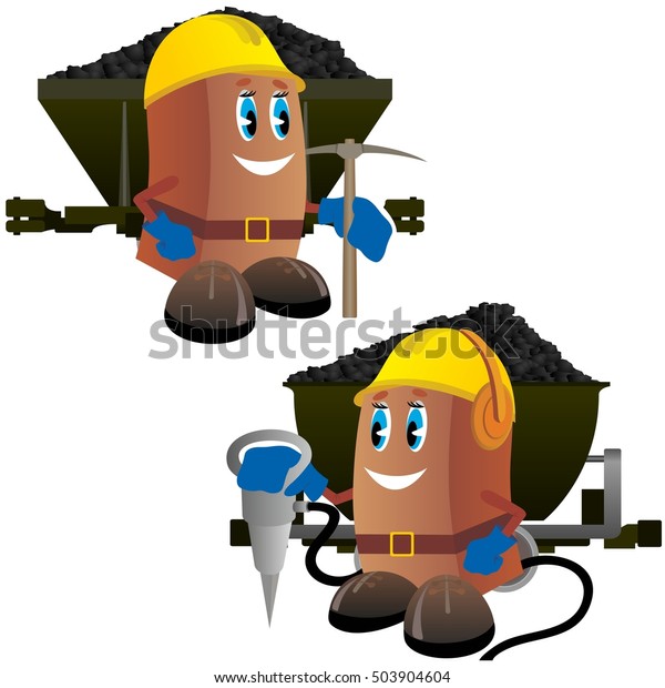 Abstract image of a miner with a working tool\
on the background of trucks with coal. The illustration on a white\
background.