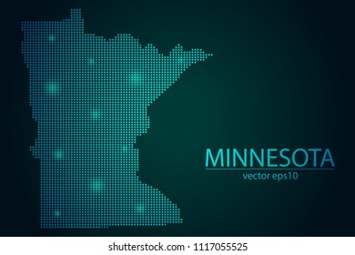 Abstract Image Minnesota Map Pixel look Emerald Green and Glowing Stars on a Dark Background. Vector illustration Eps 10.