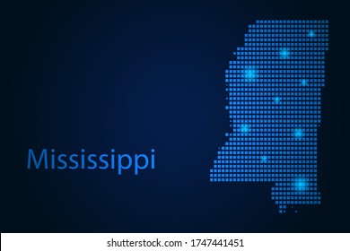 Abstract image Mississippi map from pixels blue and glowing stars on a dark background. Vector illustration eps 10.