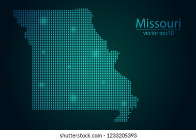 Abstract Image Missouri Map From Pixel Emerald Green and Glowing Stars on a Dark Background. Vector illustration Eps 10.