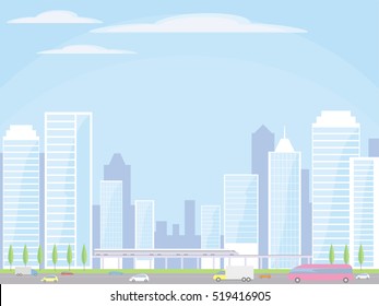 Abstract image of a modern city. Cityscape with tall buildings, skyscrapers and high speed rail. Vector background for design presentations, brochures, web sites and banners.