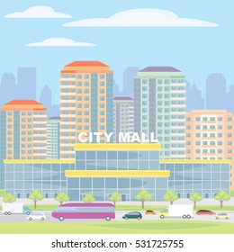 Abstract image of a modern city. Cityscape with tall buildings, skyscrapers and shopping center. Vector background for design presentations, web sites and banners.