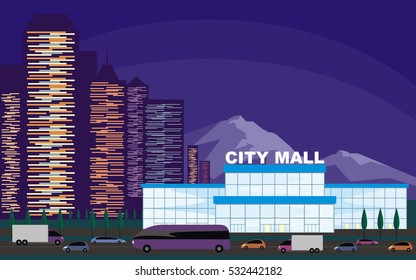 Abstract image of a modern city. Night cityscape with tall buildings, skyscrapers and shopping center. Vector background for design presentations, web sites and banners.