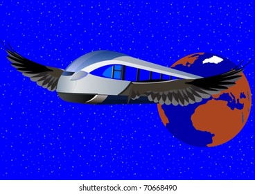 Abstract image of a modern high-speed trains flying on the wings against the earth.