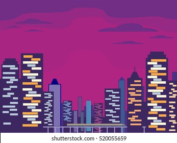 Abstract image of a modern night city. Cityscape with tall buildings, skyscrapers and high speed rail. Vector background for design presentations, brochures, web sites and banners.