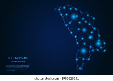 Abstract image Moldova map - With Blue Glow Dots And Lines On Dark Gradient Background, 3D Mesh Polygon Network Connection, Vector Illustration Eps 10.