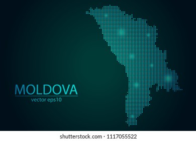 Abstract Image Moldova Map Pixel look Emerald Green and Glowing Stars on a Dark Background. Vector illustration Eps 10.