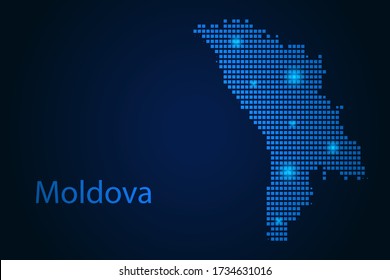 Abstract image Moldova map from pixels blue and glowing stars on a dark background. Vector illustration eps 10.