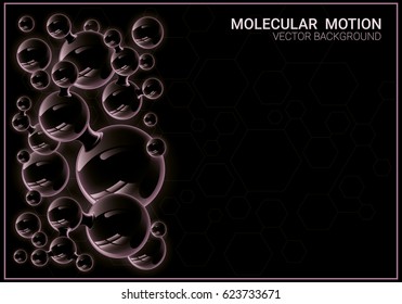 Abstract image of molecules and atoms. Chaotic motion of particles. Blurred black background with bubbles. Vector illustration on a theme of medicine, science, technology. 
