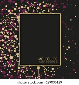 Abstract image of molecules and atoms. Chaotic motion of particles. Black background with bubbles. Vector illustration on a theme of medicine and science. Template for printing posters, banners.