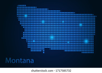 Abstract image Montana map from pixels blue and glowing stars on a dark background. Vector illustration eps 10.